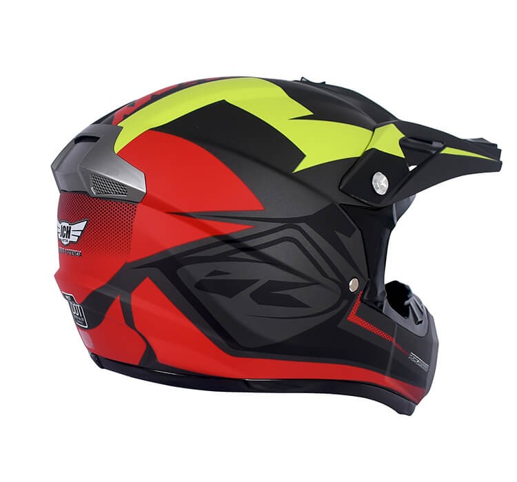 Vista diagonal de CASCO MOTOCROSS JH MOTORS NEGRO / ROJO MATE